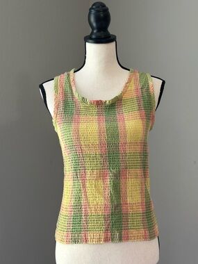 Vintage Y2K Crinkled Textured Plaid Sleeveless Tank in Yellow, Pink & Green